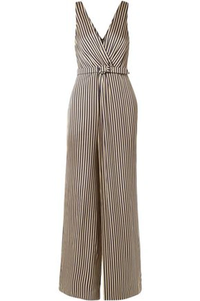 Shop Jonathan Simkhai Wrap-effect Striped Sateen Jumpsuit In Midnight Blue