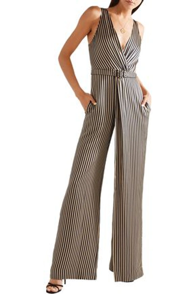 Shop Jonathan Simkhai Wrap-effect Striped Sateen Jumpsuit In Midnight Blue