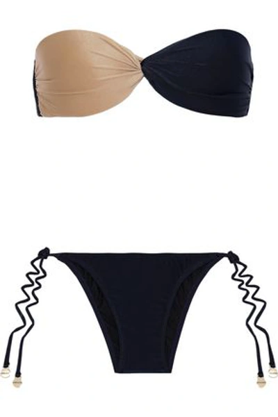 Shop Adriana Degreas Twist-front Two-tone Bandeau Bikini In Navy