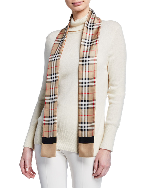 Burberry Vintage Check And Logo Print Silk Skinny Scarf In Beige | ModeSens