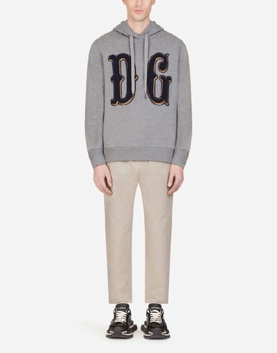 Shop Dolce & Gabbana Jersey Hoodie With Dg Patch In Gray