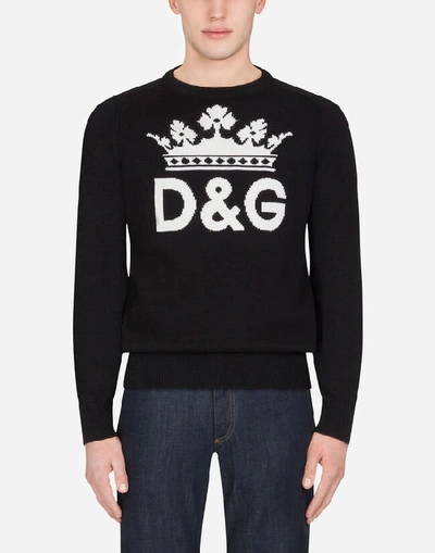 Shop Dolce & Gabbana Cashmere Round-neck Sweater With D&g Intarsia In Black