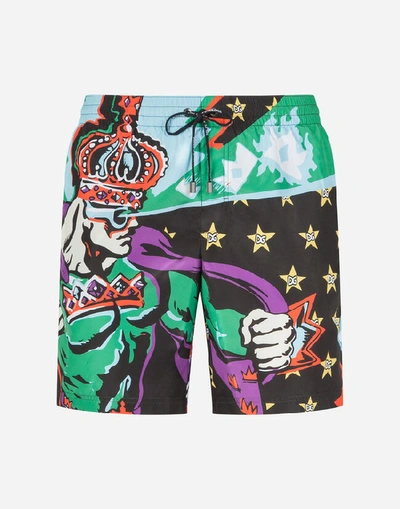 Shop Dolce & Gabbana Mid-length Swimming Trunks With Superhero King Print In Multi-colored