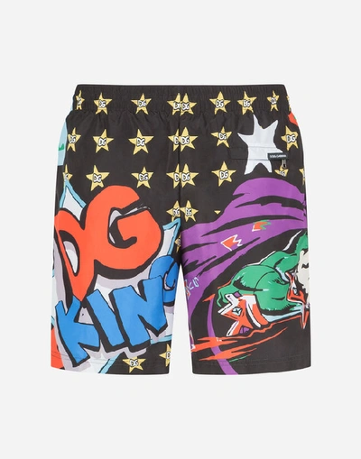 Shop Dolce & Gabbana Mid-length Swimming Trunks With Superhero King Print In Multi-colored