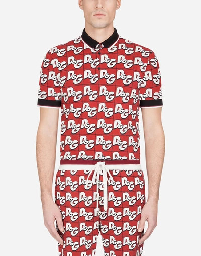 Shop Dolce & Gabbana Cotton Piqué Polo Shirt With All-over D&g Print In Red