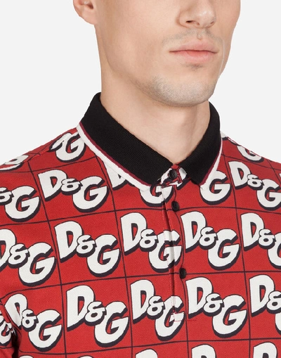 Shop Dolce & Gabbana Cotton Piqué Polo Shirt With All-over D&g Print In Red