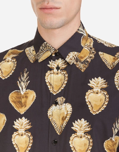 Shop Dolce & Gabbana Cotton Martini-fit Shirt With Sacred Heart Print In Black