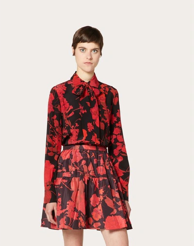 Shop Valentino Overdyed Crepe De Chine Shirt With Double Flower Print In Black/ Red