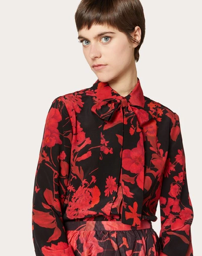 Shop Valentino Overdyed Crepe De Chine Shirt With Double Flower Print In Black/ Red