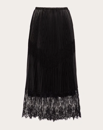 Shop Valentino Pleated Leather And Lace Skirt In Black
