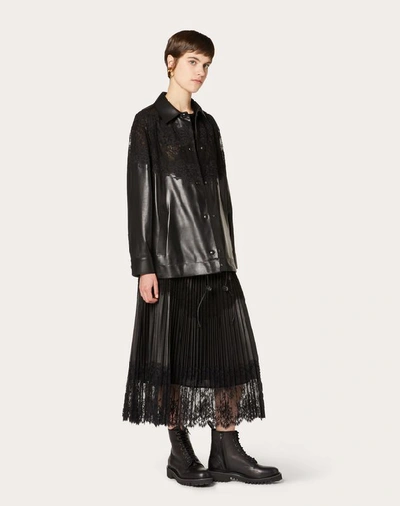Shop Valentino Pleated Leather And Lace Skirt In Black