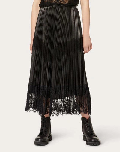 Shop Valentino Pleated Leather And Lace Skirt In Black