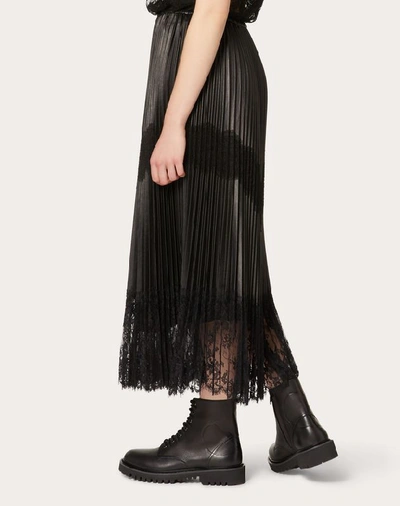 Shop Valentino Pleated Leather And Lace Skirt In Black