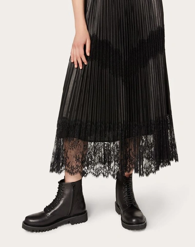 Shop Valentino Pleated Leather And Lace Skirt In Black