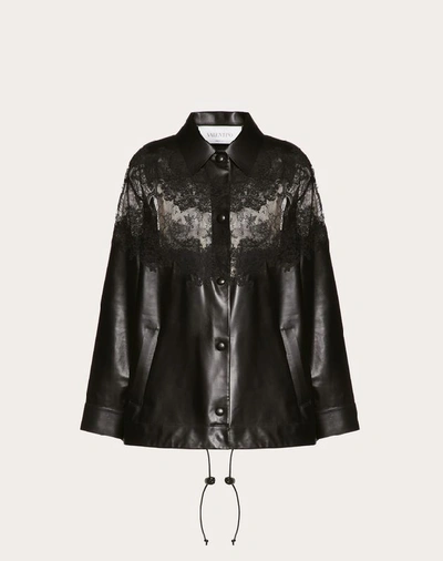 Shop Valentino Leather And Lace Jacket In Black