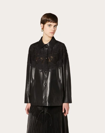 Shop Valentino Leather And Lace Jacket In Black