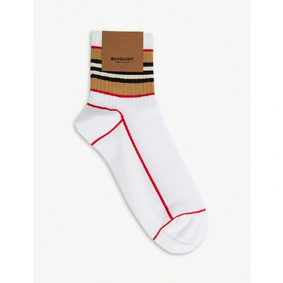 Shop Burberry Icon Stripe Cotton-blend Socks In White