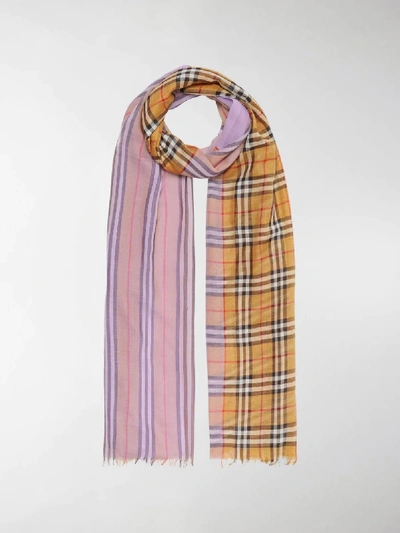 Shop Burberry Colour Block House Check Scarf In Purple