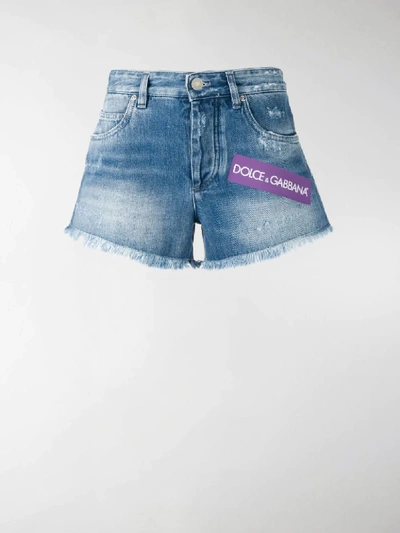 Shop Dolce & Gabbana Faded Denim Logo Shorts In Blue