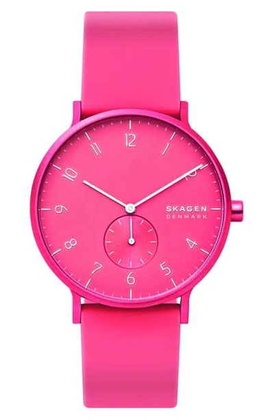 Shop Skagen Aaren Kul?r Rubber Strap Watch, 41mm In Neon Pink