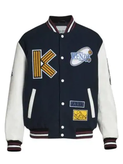 Shop Kenzo Wool & Leather Varsity Jacket In Navy Blue