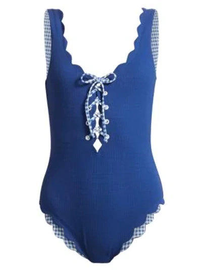 Shop Marysia Palm Springs One-piece Textured Lace-up Maillot In Solid Denim