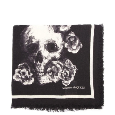 Shop Alexander Mcqueen Skull & Roses Silk-wool Blend Scarf In Black/ivory