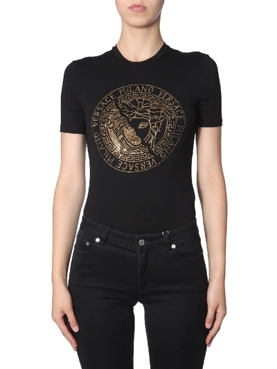 Shop Versace Crystal T-shirt With Medusa Logo In Nero