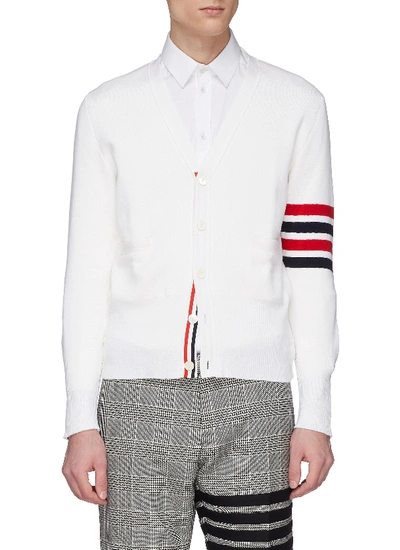 Shop Thom Browne Stripe Sleeve Wool Cardigan In White