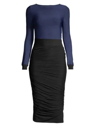 Shop Herve Leger Long Sleeve Ruched Dress In Blue Black