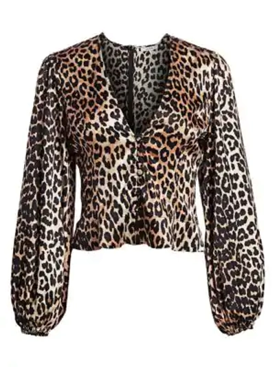 Shop Ganni Stretch Silk Satin Leopard-print Crop Blouse