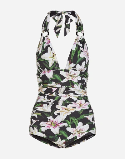 Shop Dolce & Gabbana Lily-print One-piece Swimsuit With Plunging Neckline In Floral Print