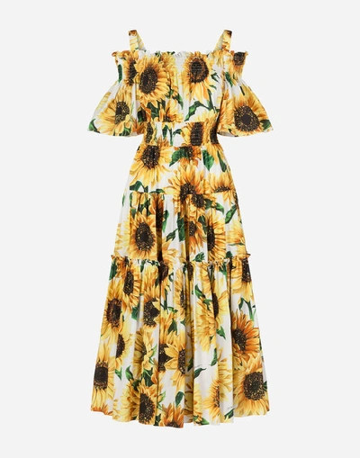 Shop Dolce & Gabbana Long Sunflower-print Poplin Dress In Floral Print