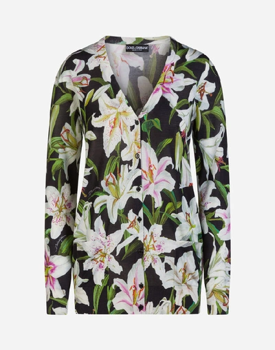 Shop Dolce & Gabbana Oversize Silk Cardigan With Lily Print In Floral Print