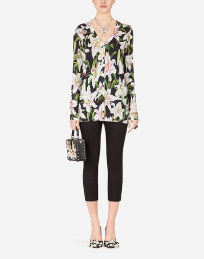 Shop Dolce & Gabbana Oversize Silk Cardigan With Lily Print In Floral Print