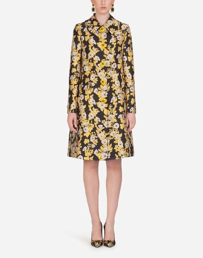 Shop Dolce & Gabbana Lurex Jacquard Coat With Decorative Buttons In Gold