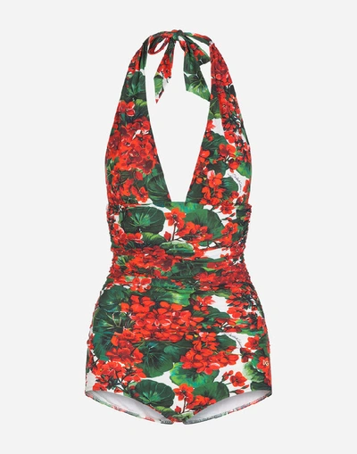 Shop Dolce & Gabbana Portofino-print One-piece Swimsuit With Plunging Neckline In Floral Print