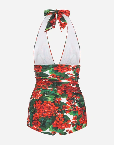 Shop Dolce & Gabbana Portofino-print One-piece Swimsuit With Plunging Neckline In Floral Print