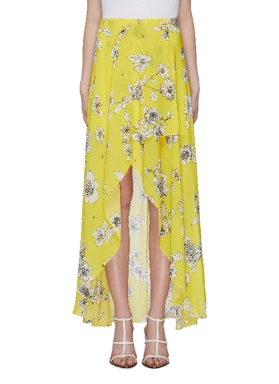 Shop Alice And Olivia 'kirstie' Floral Print Mock Wrap High-low Skirt In Yellow