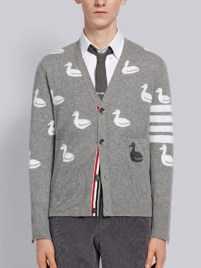 Shop Thom Browne 4-bar Duck Intarsia Cardigan In Grey