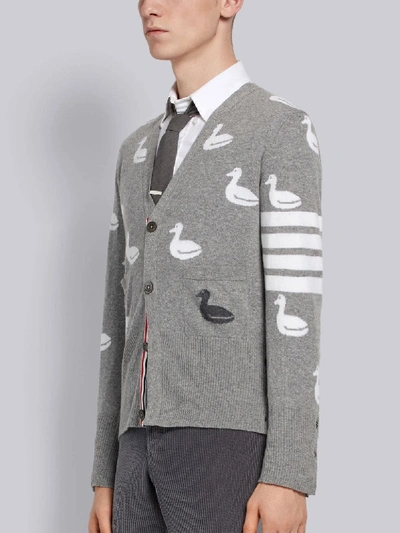 Shop Thom Browne 4-bar Duck Intarsia Cardigan In Grey