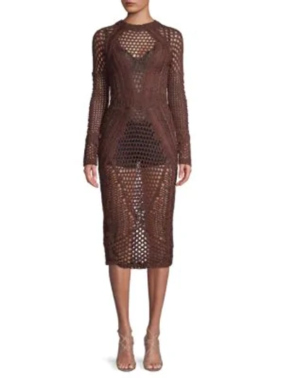 Shop Balmain Crochet Cotton Midi Dress In Chocolate
