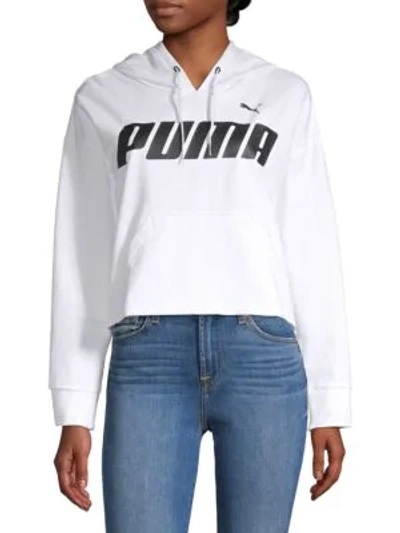 Shop Puma Logo Cropped Cotton Blend Hoodie In White