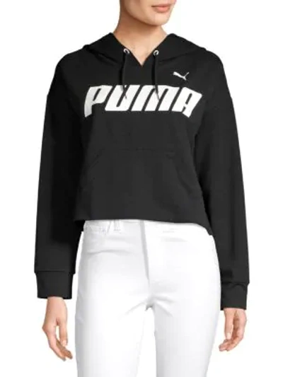 Shop Puma Logo Cropped Cotton Blend Hoodie In Black