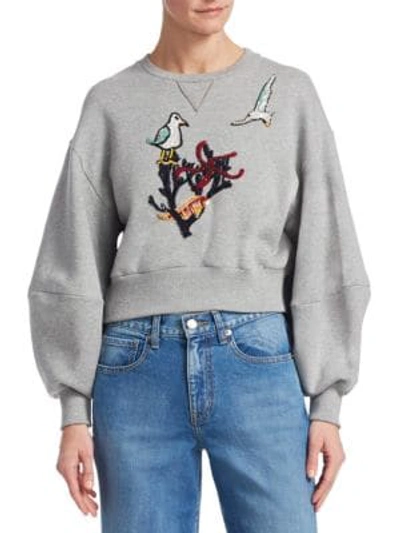 Shop Oscar De La Renta Sea Embroidery Cropped Sweatshirt In Grey