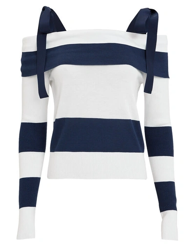 Shop Adeam Stripe Tie Shoulder Sweater In Navy