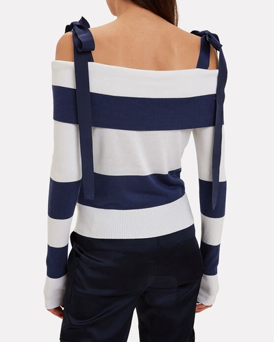 Shop Adeam Stripe Tie Shoulder Sweater In Navy