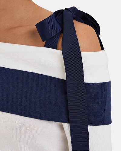 Shop Adeam Stripe Tie Shoulder Sweater In Navy