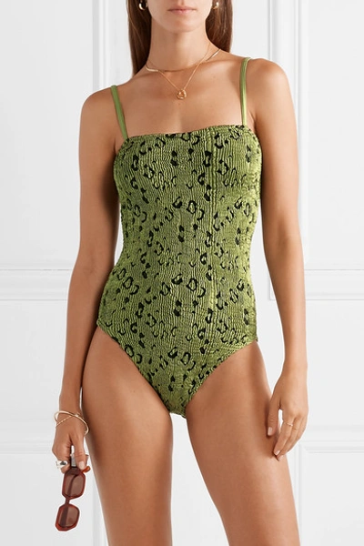 Shop Hunza G Maria Leopard-print Seersucker Swimsuit In Army Green