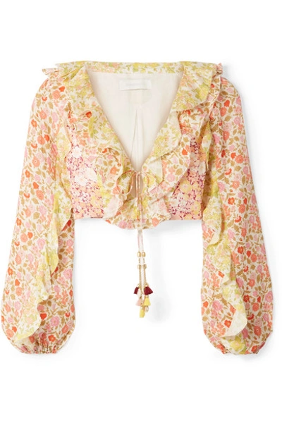 Shop Zimmermann Goldie Cropped Ruffled Floral-print Linen Top In Pink